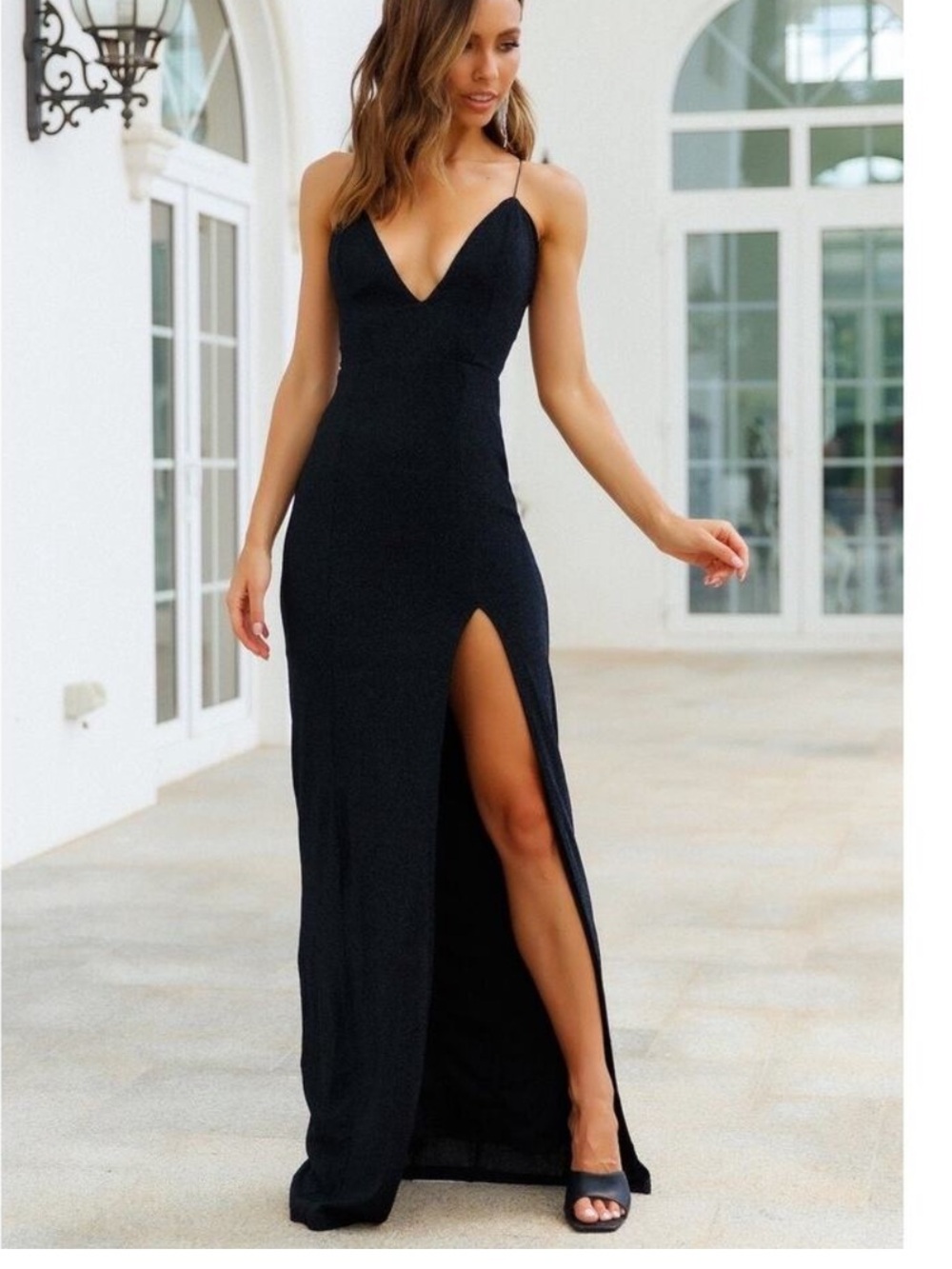 Hello Molly Dear Emilia Black Spaghetti-Strap Metallic Dress with Thigh Slit